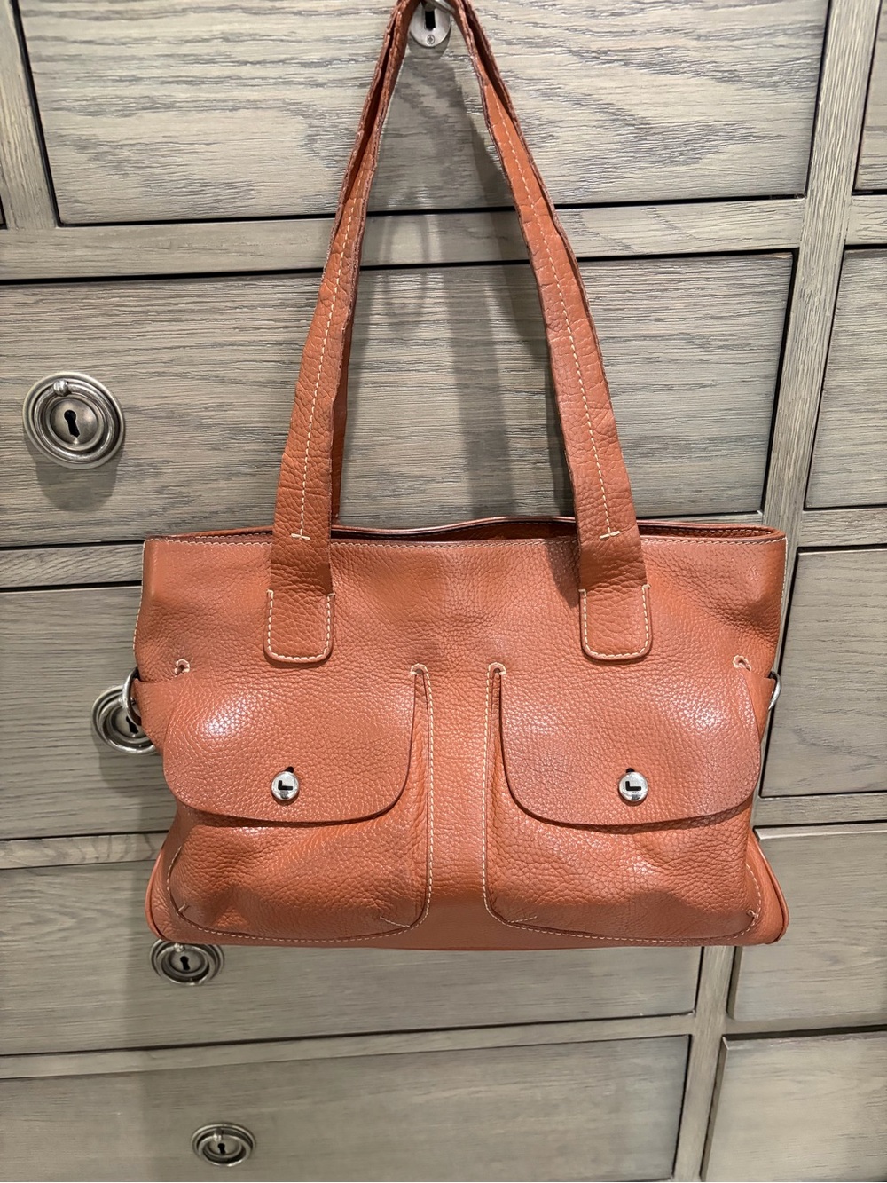Lancel Italian Leather Shoulder Bag in Carmel Brown with Front & Inner Pockets